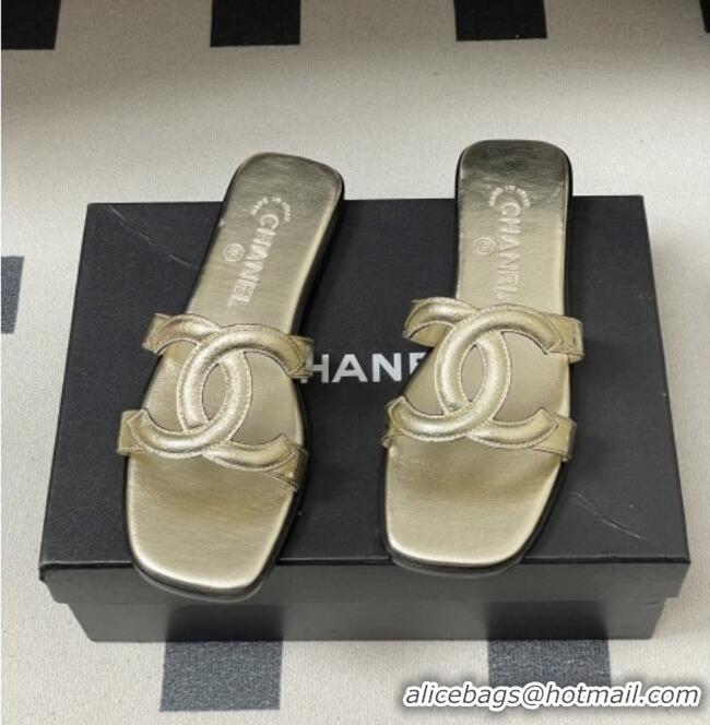Inexpensive Chanel Crackled Laminated Calfskin Mules Sandals G47250 Gold 2026