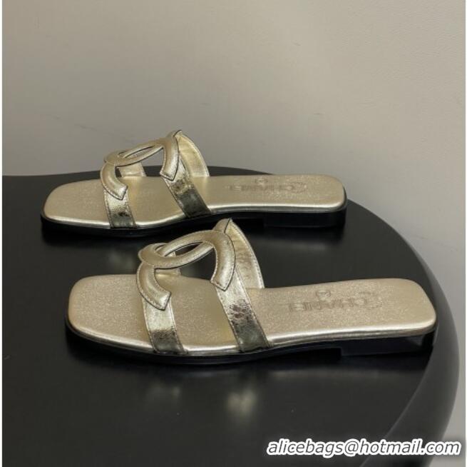 Inexpensive Chanel Crackled Laminated Calfskin Mules Sandals G47250 Gold 2026