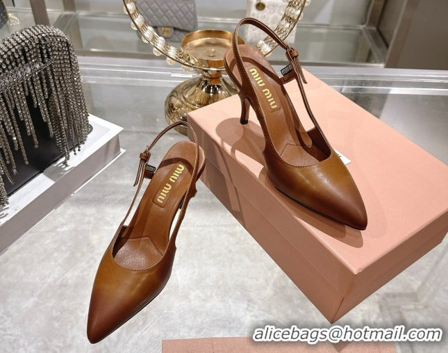Best Price Miu Miu Calf Leather Slingbacks Pump 7.5cm 5I546E Cognac Brown 2026