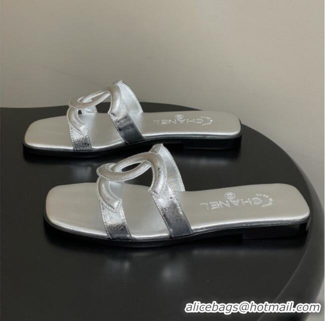 Good Product Chanel Laminated Calfskin Mules Sandals G47250 Silver 2026
