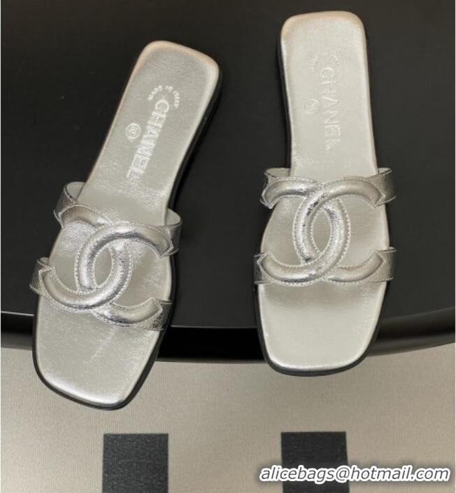 Good Product Chanel Laminated Calfskin Mules Sandals G47250 Silver 2026