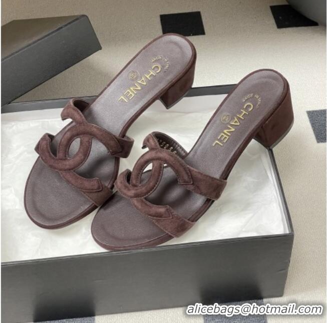 Buy Cheap Chanel Suede Heeled Mules Sandals G47250 Coffee Brown 2026