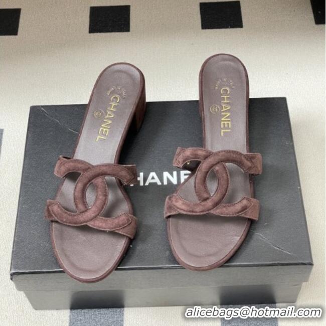 Buy Cheap Chanel Suede Heeled Mules Sandals G47250 Coffee Brown 2026