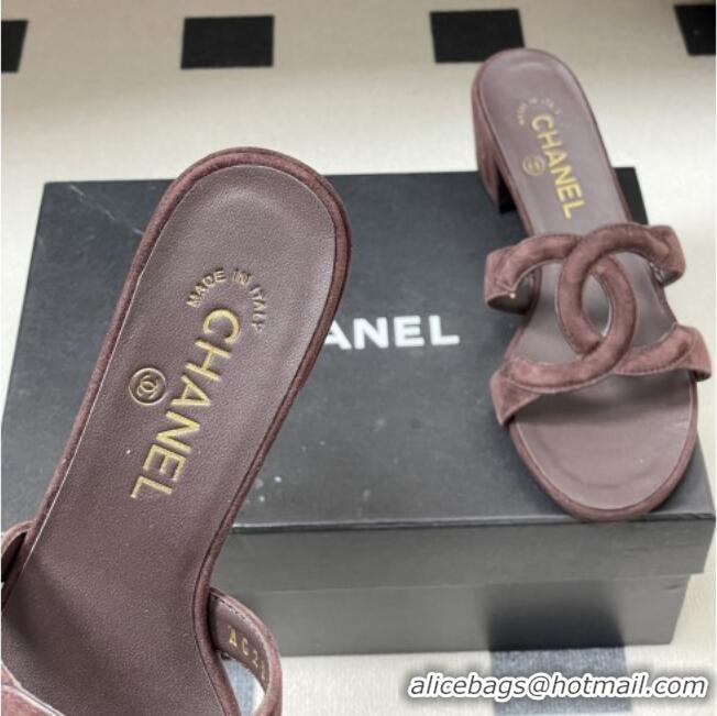 Buy Cheap Chanel Suede Heeled Mules Sandals G47250 Coffee Brown 2026