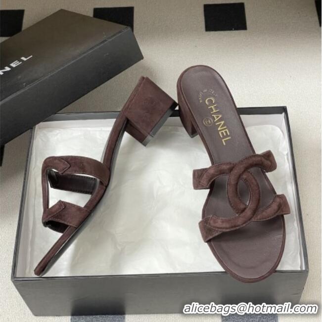 Buy Cheap Chanel Suede Heeled Mules Sandals G47250 Coffee Brown 2026