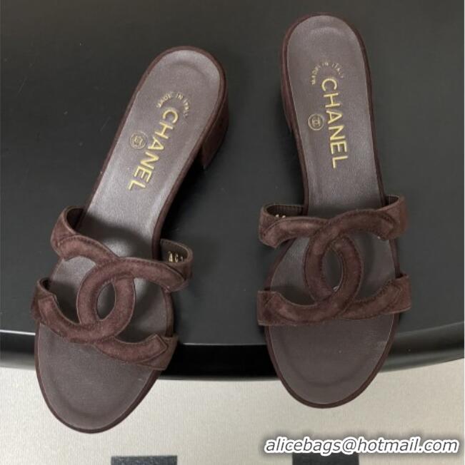 Buy Cheap Chanel Suede Heeled Mules Sandals G47250 Coffee Brown 2026