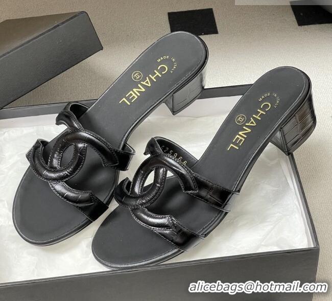 ​Classic Inexpensive Chanel Crocodile Pattern Calfskin Heeled Mules Sandals G47250 Black 2026