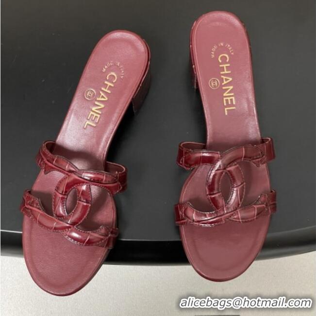 ​Buy Fashionable Chanel Crocodile Pattern Calfskin Heeled Mules Sandals G47250 Burgundy 2026