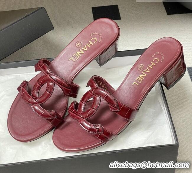 ​Buy Fashionable Chanel Crocodile Pattern Calfskin Heeled Mules Sandals G47250 Burgundy 2026