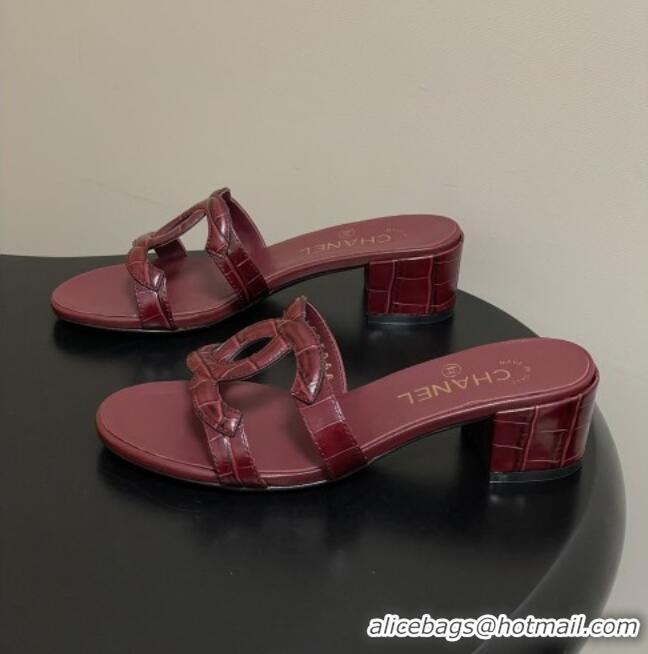 ​Buy Fashionable Chanel Crocodile Pattern Calfskin Heeled Mules Sandals G47250 Burgundy 2026