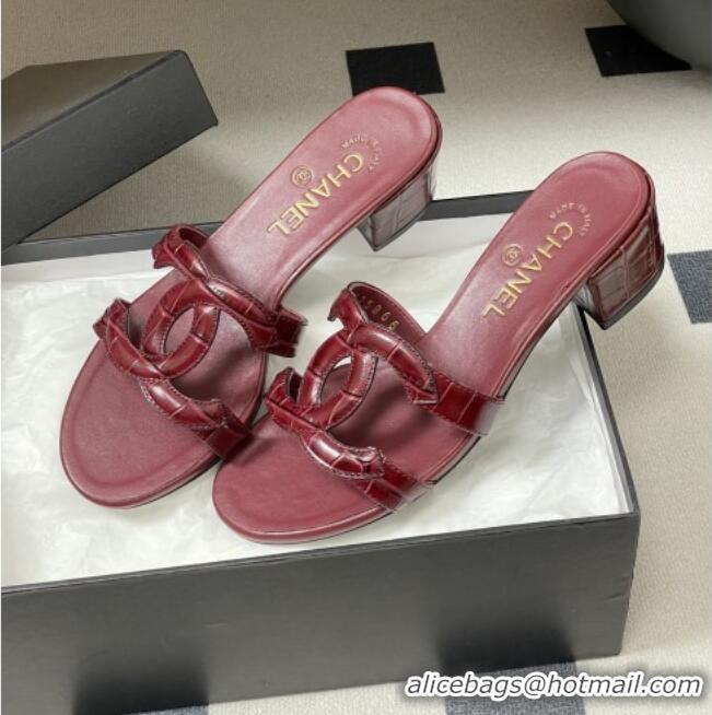​Buy Fashionable Chanel Crocodile Pattern Calfskin Heeled Mules Sandals G47250 Burgundy 2026
