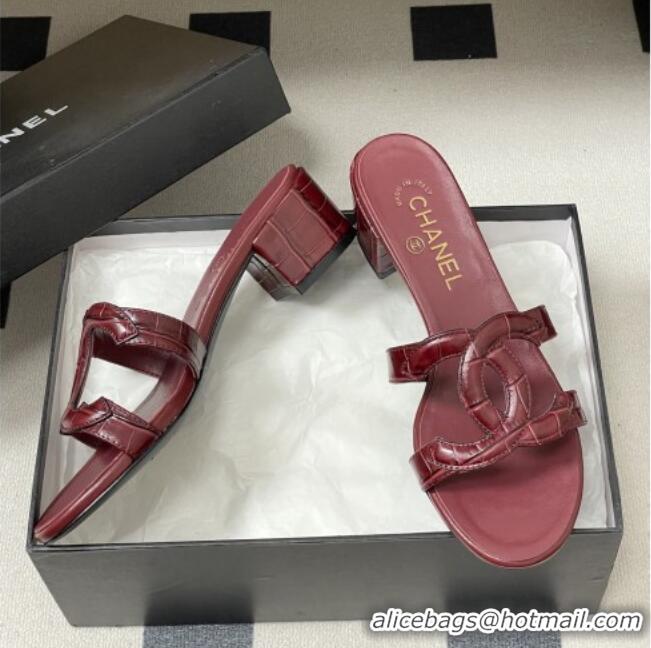 ​Buy Fashionable Chanel Crocodile Pattern Calfskin Heeled Mules Sandals G47250 Burgundy 2026