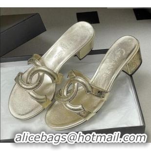 ​Top Grade Chanel Laminated Calfskin Heeled Mules Sandals G47250 Gold 2026