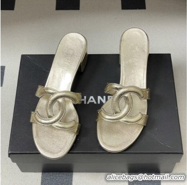 ​Top Grade Chanel Laminated Calfskin Heeled Mules Sandals G47250 Gold 2026
