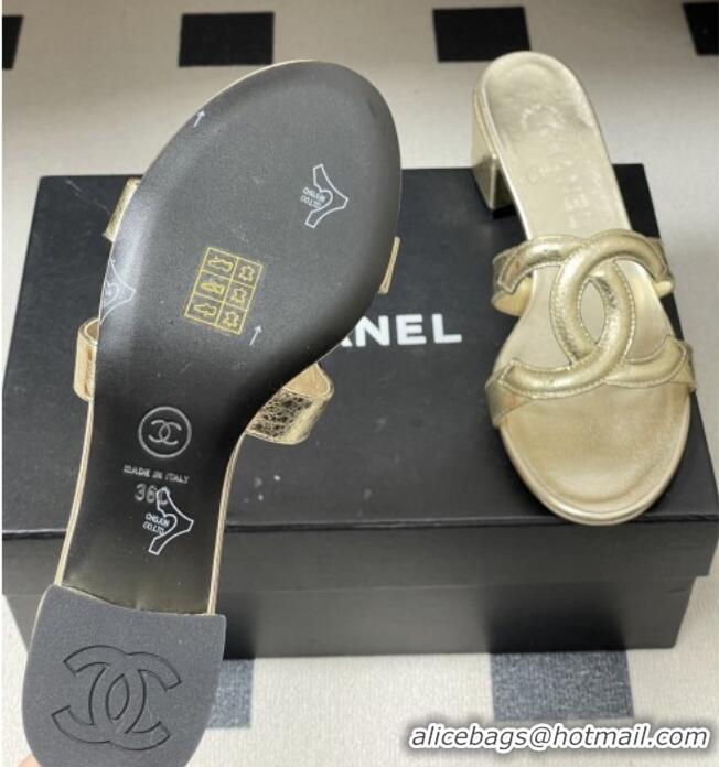 ​Top Grade Chanel Laminated Calfskin Heeled Mules Sandals G47250 Gold 2026