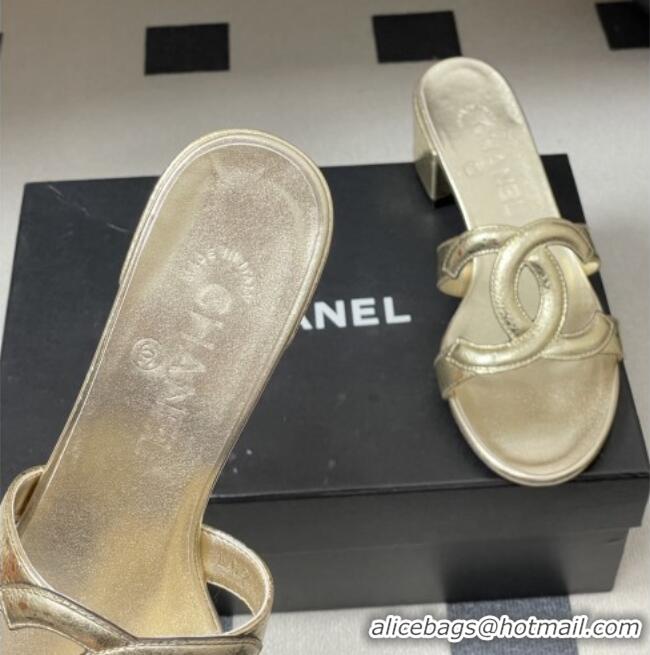 ​Top Grade Chanel Laminated Calfskin Heeled Mules Sandals G47250 Gold 2026