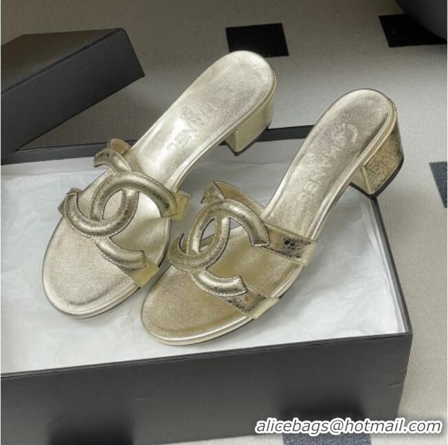 ​Top Grade Chanel Laminated Calfskin Heeled Mules Sandals G47250 Gold 2026