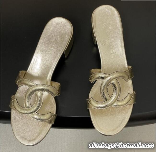 ​Top Grade Chanel Laminated Calfskin Heeled Mules Sandals G47250 Gold 2026