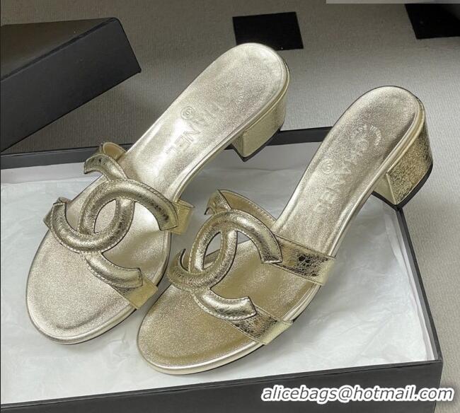 ​Top Grade Chanel Laminated Calfskin Heeled Mules Sandals G47250 Gold 2026