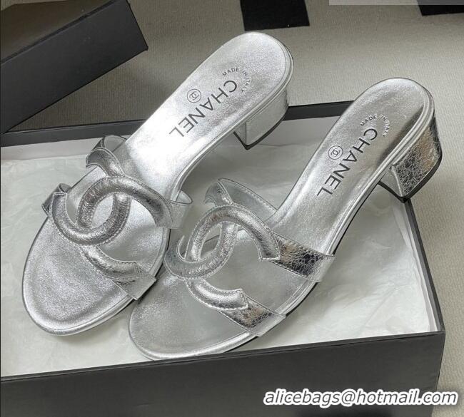 ​Top Quality Chanel Laminated Calfskin Heeled Mules Sandals G47250 Silver 2026