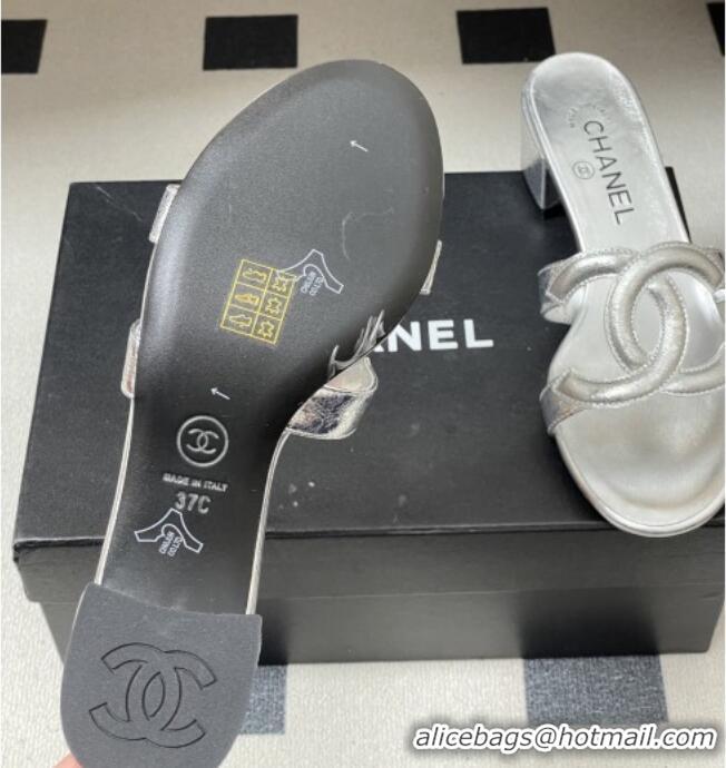 ​Top Quality Chanel Laminated Calfskin Heeled Mules Sandals G47250 Silver 2026