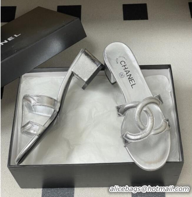 ​Top Quality Chanel Laminated Calfskin Heeled Mules Sandals G47250 Silver 2026
