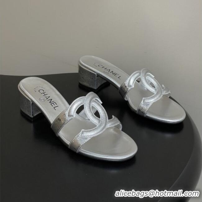 ​Top Quality Chanel Laminated Calfskin Heeled Mules Sandals G47250 Silver 2026