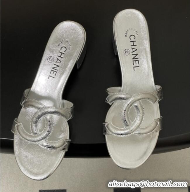 ​Top Quality Chanel Laminated Calfskin Heeled Mules Sandals G47250 Silver 2026