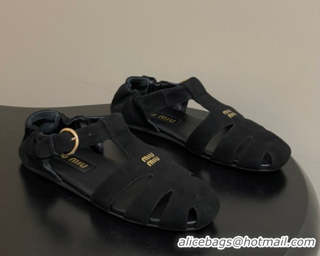 Luxurious Miu Miu Suede Fisherman Flat Sandals 5E395E Black 2026