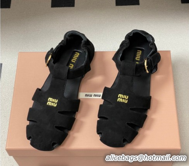 Luxurious Miu Miu Suede Fisherman Flat Sandals 5E395E Black 2026
