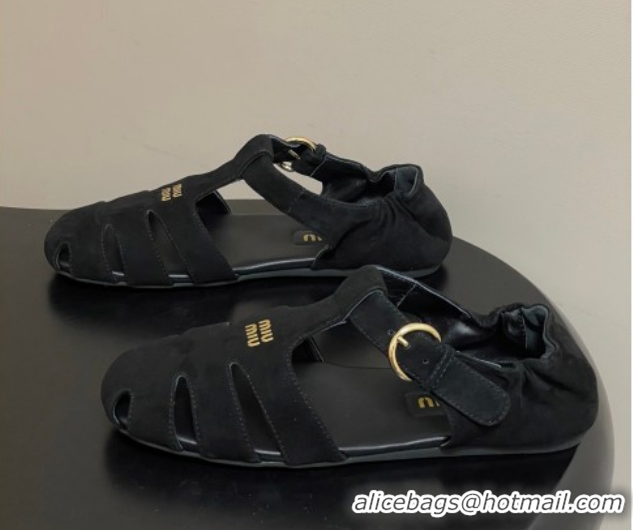 Luxurious Miu Miu Suede Fisherman Flat Sandals 5E395E Black 2026