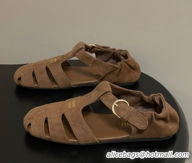 Good Quality Miu Miu Suede Fisherman Flat Sandals 5E395E Brown 2026