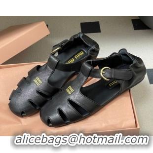 Luxury Cheap Miu Miu Nappa Leather Fisherman Flat Sandals 5E395E Black 2026