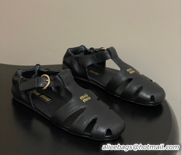 Luxury Cheap Miu Miu Nappa Leather Fisherman Flat Sandals 5E395E Black 2026