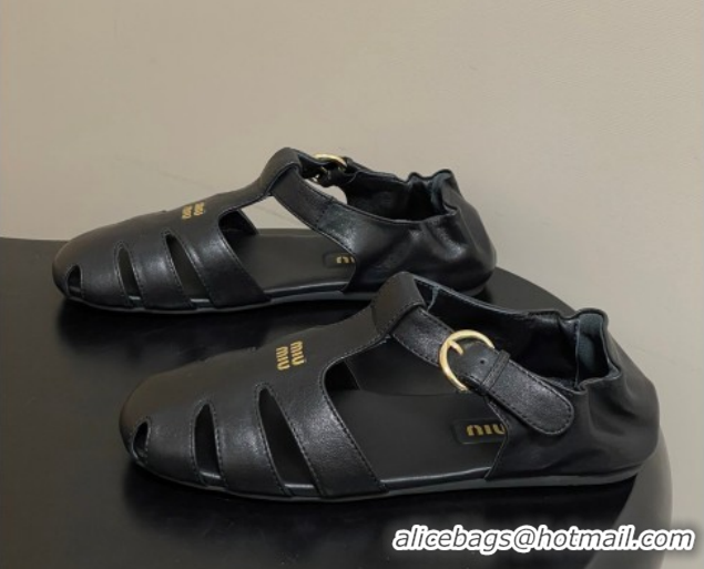 Luxury Cheap Miu Miu Nappa Leather Fisherman Flat Sandals 5E395E Black 2026