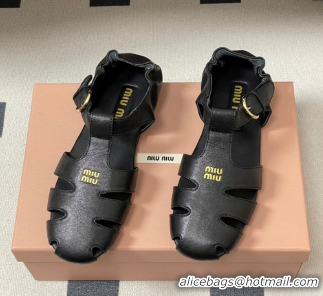 Luxury Cheap Miu Miu Nappa Leather Fisherman Flat Sandals 5E395E Black 2026