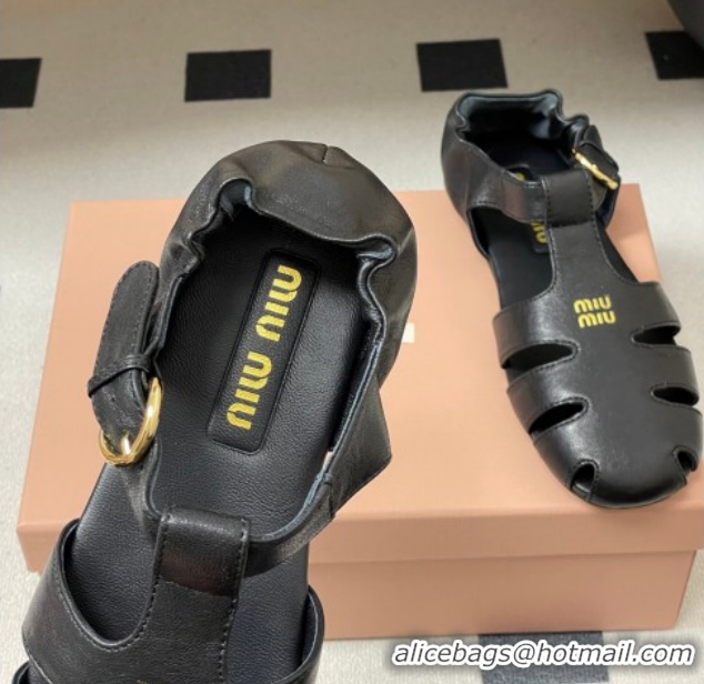 Luxury Cheap Miu Miu Nappa Leather Fisherman Flat Sandals 5E395E Black 2026