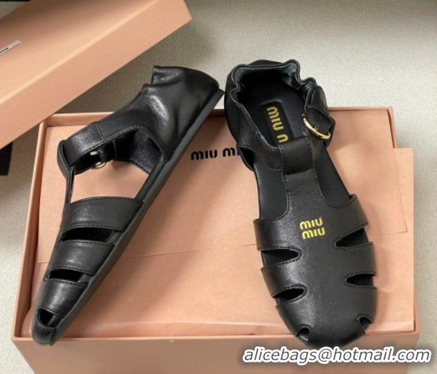 Luxury Cheap Miu Miu Nappa Leather Fisherman Flat Sandals 5E395E Black 2026