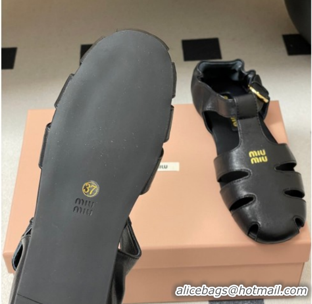 Luxury Cheap Miu Miu Nappa Leather Fisherman Flat Sandals 5E395E Black 2026