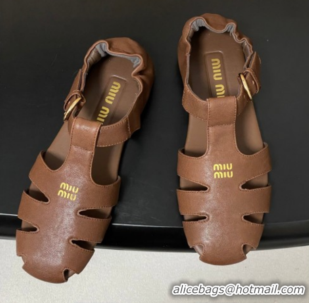 Luxury Miu Miu Nappa Leather Fisherman Flat Sandals 5E395E Dark Brown 2026