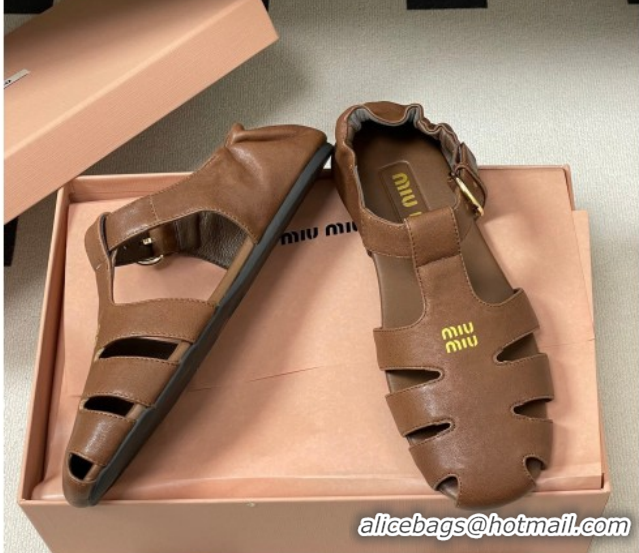 Luxury Miu Miu Nappa Leather Fisherman Flat Sandals 5E395E Dark Brown 2026