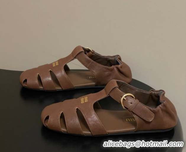 Luxury Miu Miu Nappa Leather Fisherman Flat Sandals 5E395E Dark Brown 2026