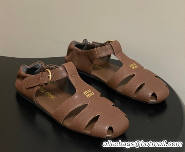 Luxury Miu Miu Nappa Leather Fisherman Flat Sandals 5E395E Dark Brown 2026