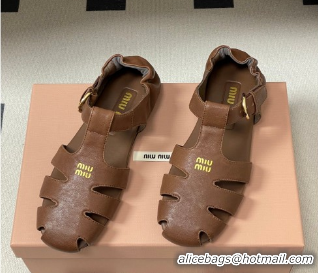 Luxury Miu Miu Nappa Leather Fisherman Flat Sandals 5E395E Dark Brown 2026