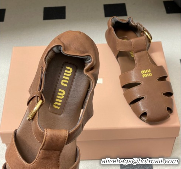 Luxury Miu Miu Nappa Leather Fisherman Flat Sandals 5E395E Dark Brown 2026