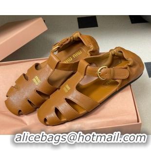 Sophisticated Miu Miu Nappa Leather Fisherman Flat Sandals 5E395E Light Brown 2026