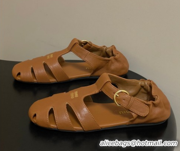 Sophisticated Miu Miu Nappa Leather Fisherman Flat Sandals 5E395E Light Brown 2026