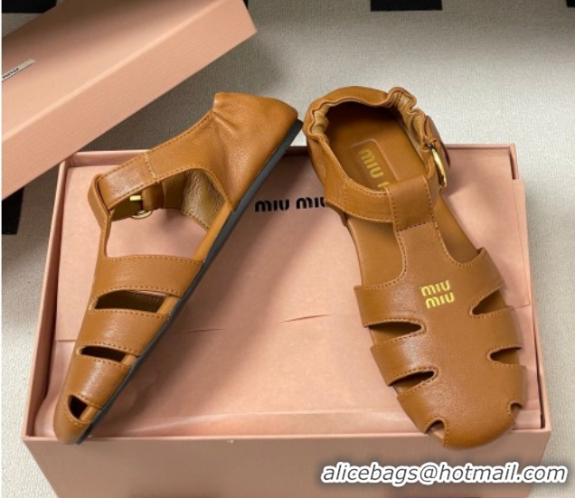 Sophisticated Miu Miu Nappa Leather Fisherman Flat Sandals 5E395E Light Brown 2026