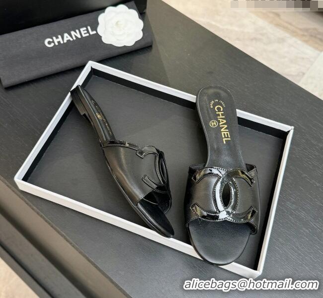 Low Cost Chanel Lambskin & Patent Leather Flat Mules Sandals G47252 Black 2026