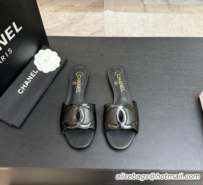 Low Cost Chanel Lambskin & Patent Leather Flat Mules Sandals G47252 Black 2026